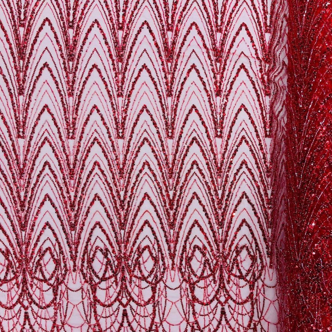 Luxurious Arch Design Lace - Red - Beaded Design with Embroidered Sequins and Beads On a Mesh Lace Fabric for Prom Dress By The Yard