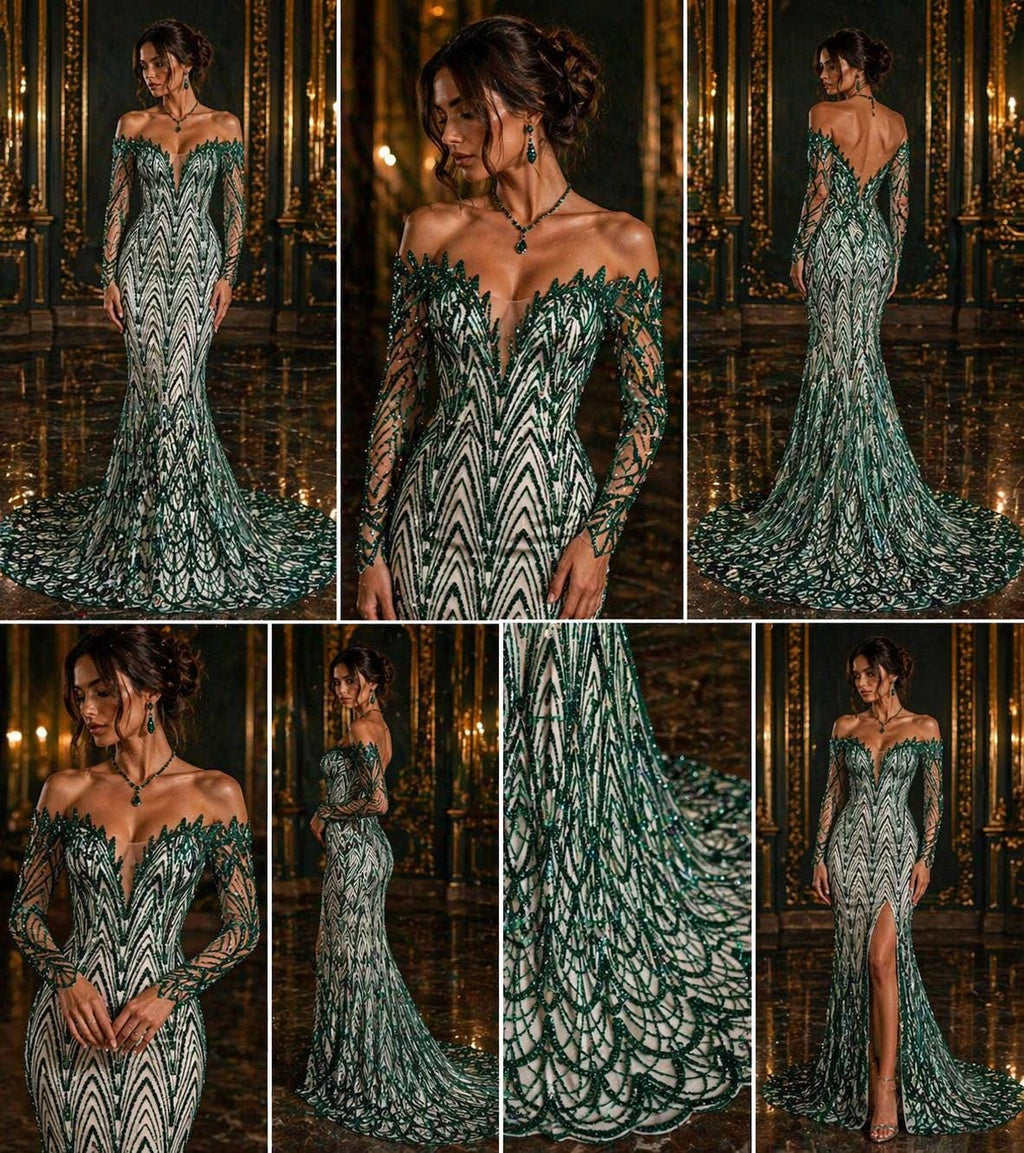 Luxurious Arch Design Lace - Hunter - Beaded Design with Embroidered Sequins and Beads On a Mesh Lace Fabric for Prom Dress By The Yard