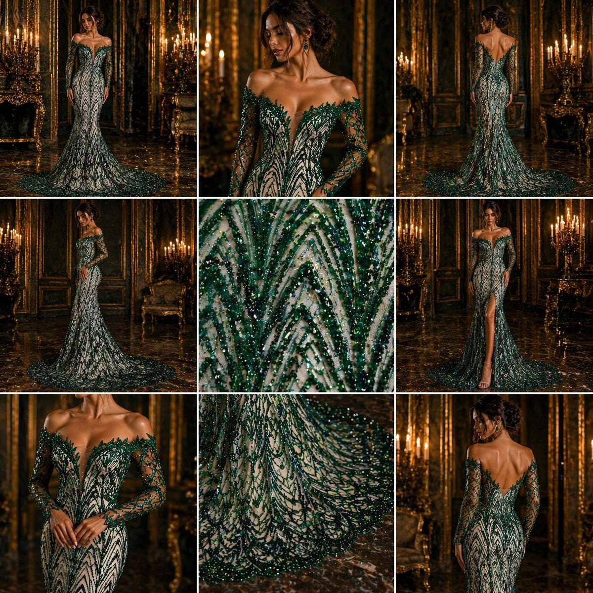 Luxurious Arch Design Lace - Hunter - Beaded Design with Embroidered Sequins and Beads On a Mesh Lace Fabric for Prom Dress By The Yard