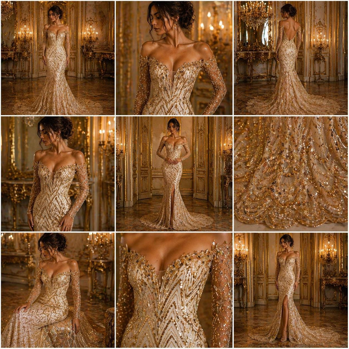 Luxurious Arch Design Lace -Champagne - Beaded Design with Embroidered Sequins and Beads On a Mesh Lace Fabric for Prom Dress By The Yard