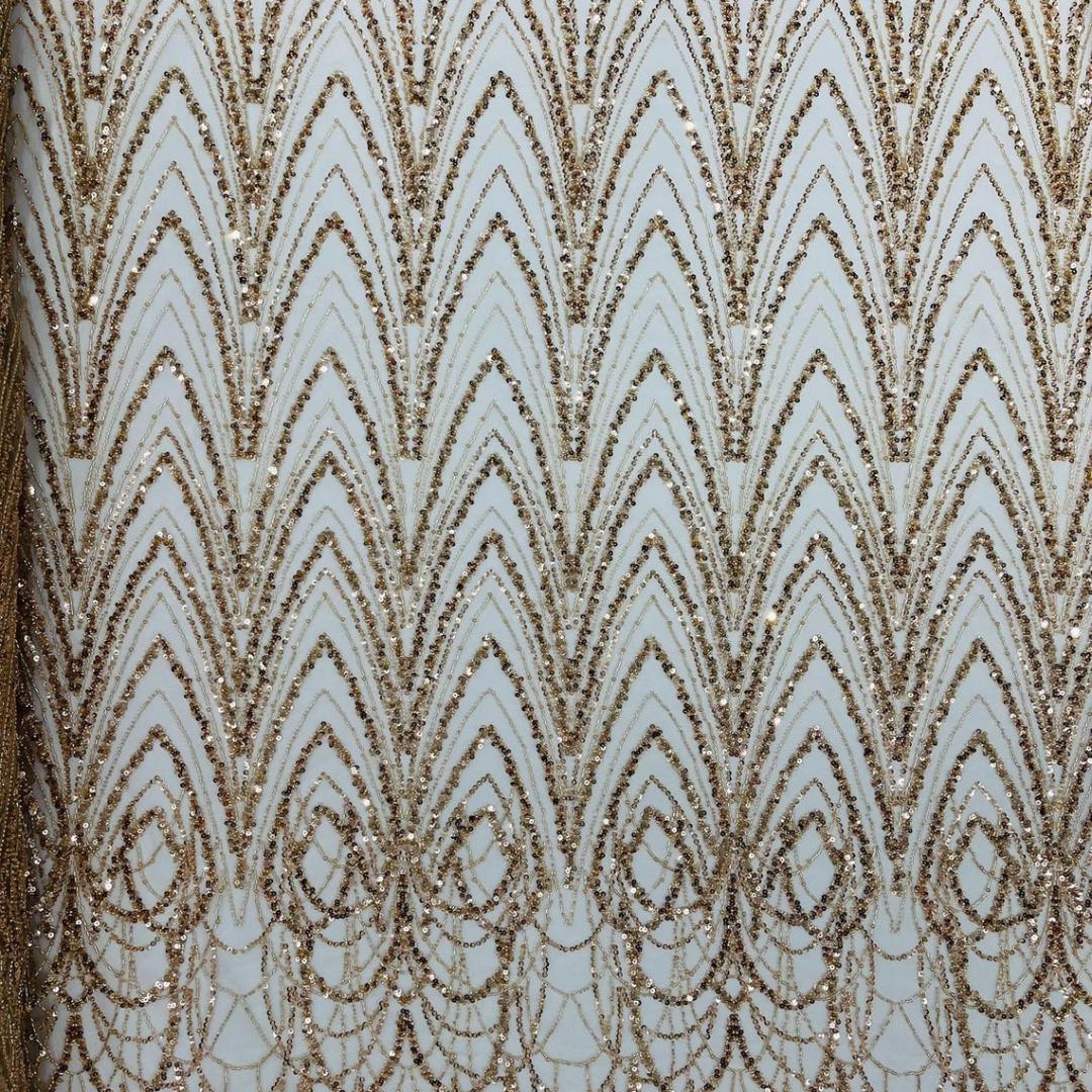 Luxurious Arch Design Lace -Champagne - Beaded Design with Embroidered Sequins and Beads On a Mesh Lace Fabric for Prom Dress By The Yard