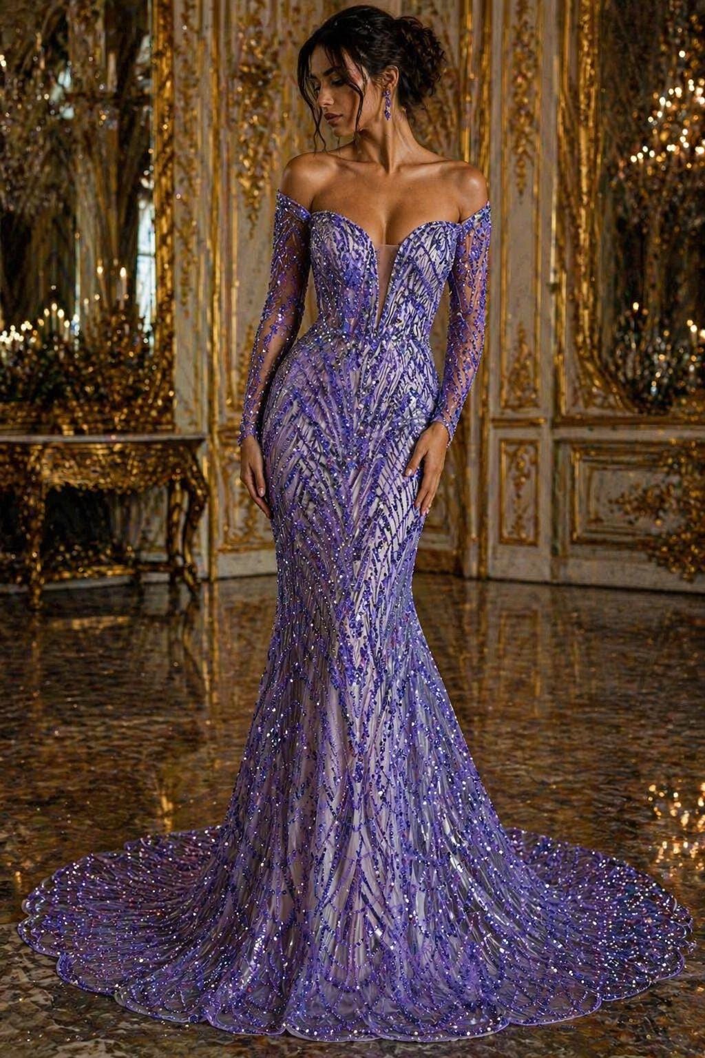 Luxurious Arch Design Lace - Lavender - Beaded Design with Embroidered Sequins and Beads On a Mesh Lace Fabric for Prom Dress By The Yard