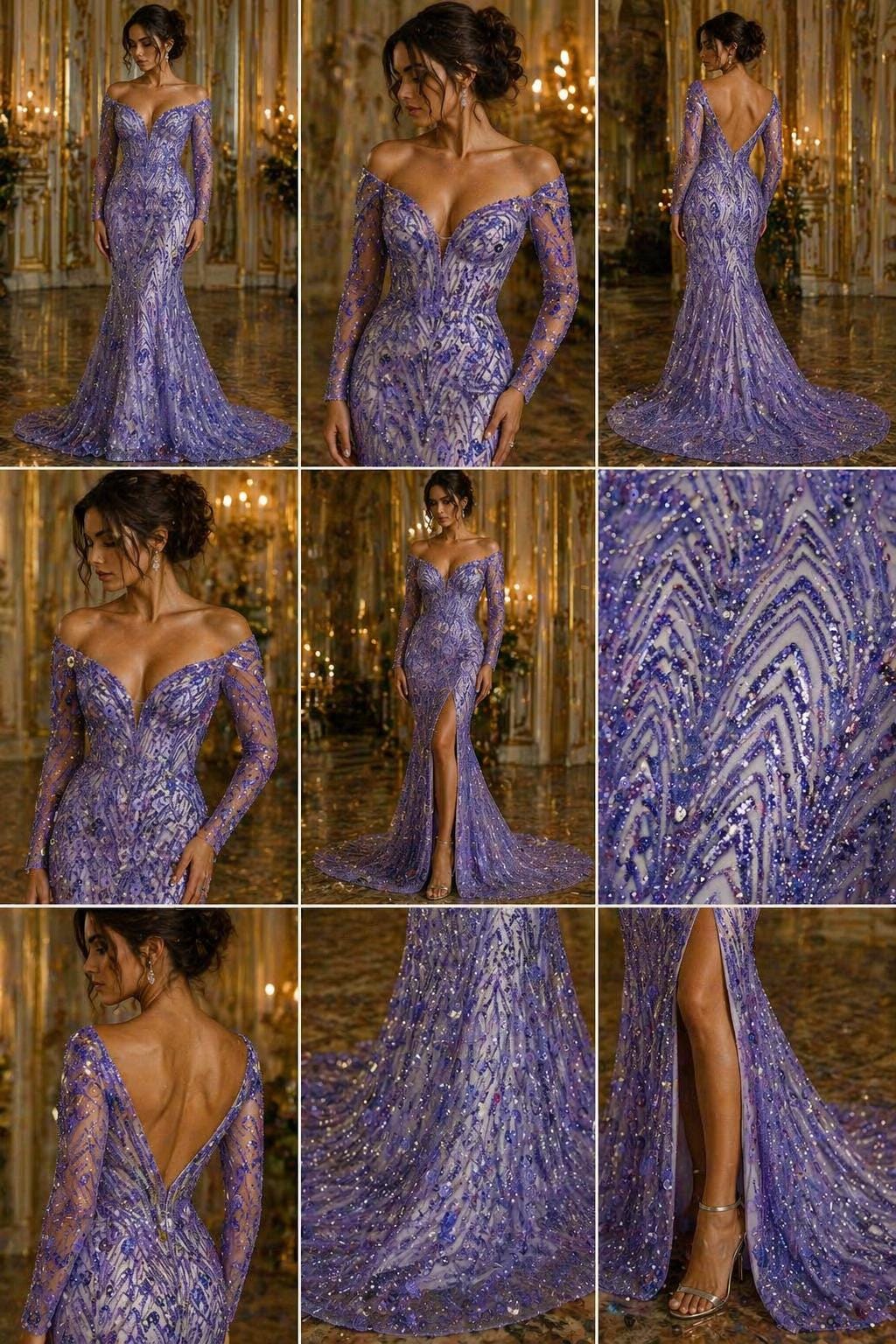Luxurious Arch Design Lace - Lavender - Beaded Design with Embroidered Sequins and Beads On a Mesh Lace Fabric for Prom Dress By The Yard