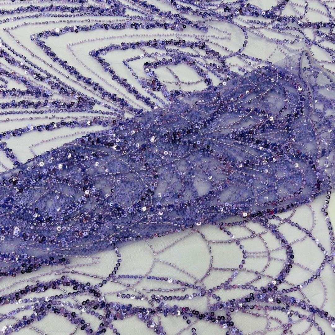 Luxurious Arch Design Lace - Lavender - Beaded Design with Embroidered Sequins and Beads On a Mesh Lace Fabric for Prom Dress By The Yard
