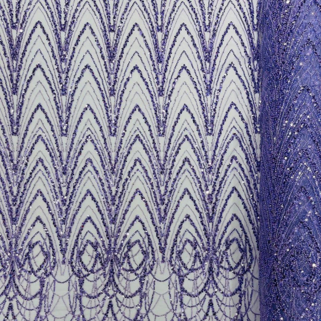 Luxurious Arch Design Lace - Lavender - Beaded Design with Embroidered Sequins and Beads On a Mesh Lace Fabric for Prom Dress By The Yard