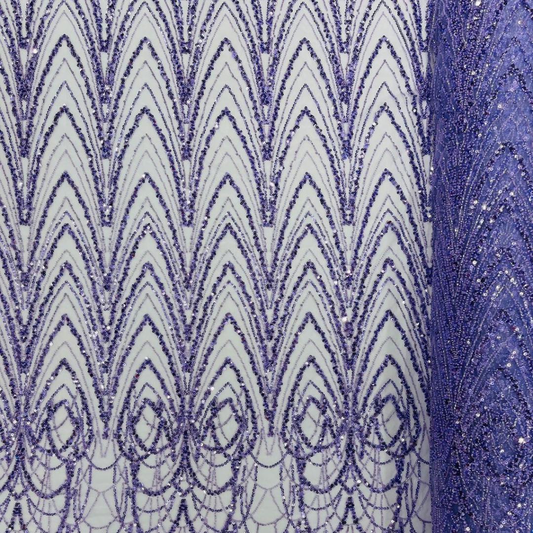 Luxurious Arch Design Lace - Lavender - Beaded Design with Embroidered Sequins and Beads On a Mesh Lace Fabric for Prom Dress By The Yard