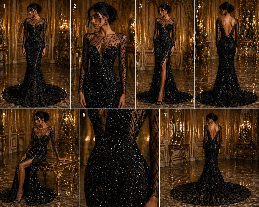 Luxurious Arch Design Lace - Black - Beaded Design with Embroidered Sequins and Beads On a Mesh Lace Fabric for Prom Dress By The Yard