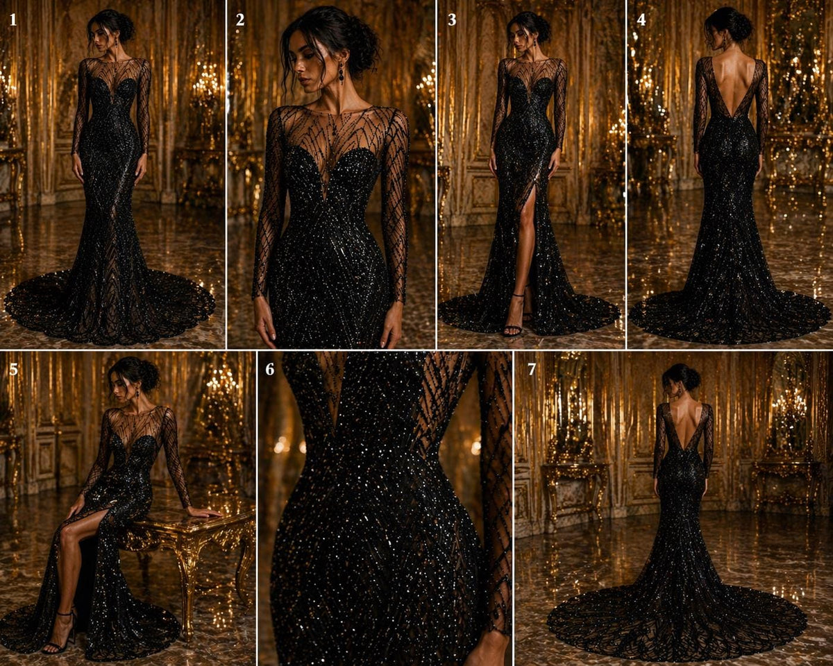 Luxurious Arch Design Lace - Black - Beaded Design with Embroidered Sequins and Beads On a Mesh Lace Fabric for Prom Dress By The Yard