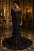 Luxurious Arch Design Lace - Black - Beaded Design with Embroidered Sequins and Beads On a Mesh Lace Fabric for Prom Dress By The Yard