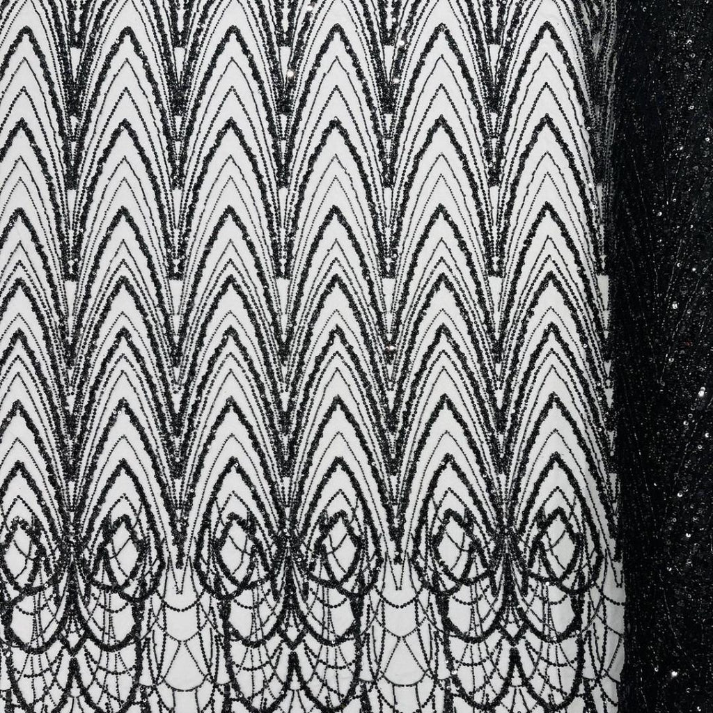 Luxurious Arch Design Lace - Black - Beaded Design with Embroidered Sequins and Beads On a Mesh Lace Fabric for Prom Dress By The Yard