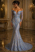 Luxurious Arch Design Lace - Lt Blue - Beaded Design with Embroidered Sequins and Beads On a Mesh Lace Fabric for Prom Dress By The Yard