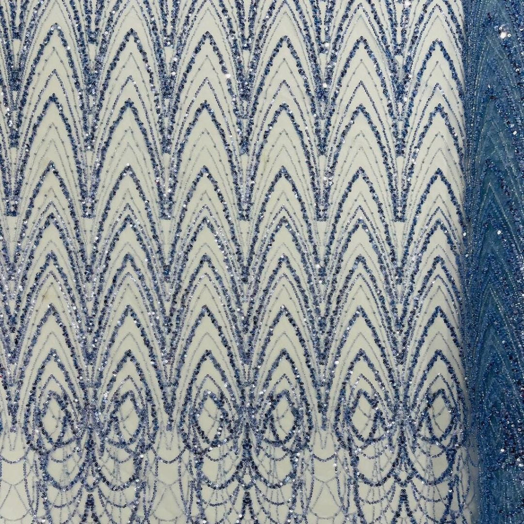 Luxurious Arch Design Lace - Lt Blue - Beaded Design with Embroidered Sequins and Beads On a Mesh Lace Fabric for Prom Dress By The Yard