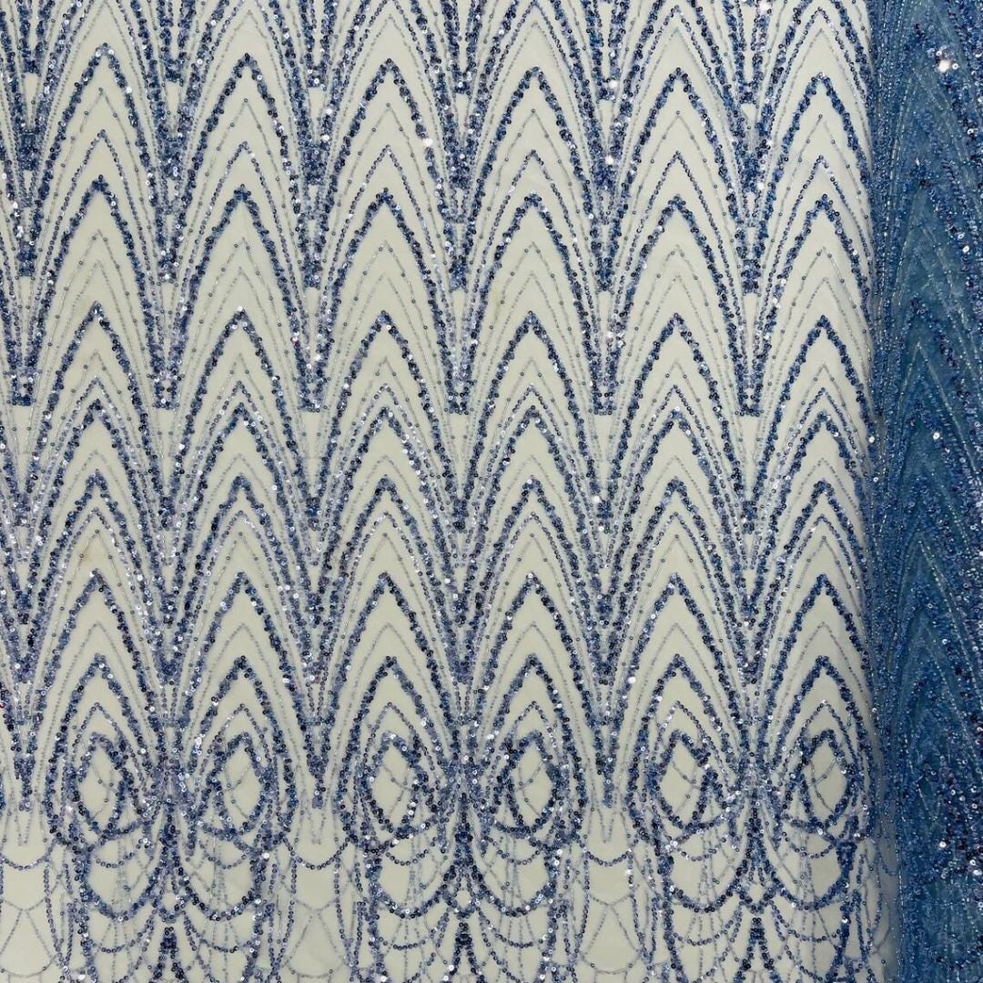 Luxurious Arch Design Lace - Lt Blue - Beaded Design with Embroidered Sequins and Beads On a Mesh Lace Fabric for Prom Dress By The Yard