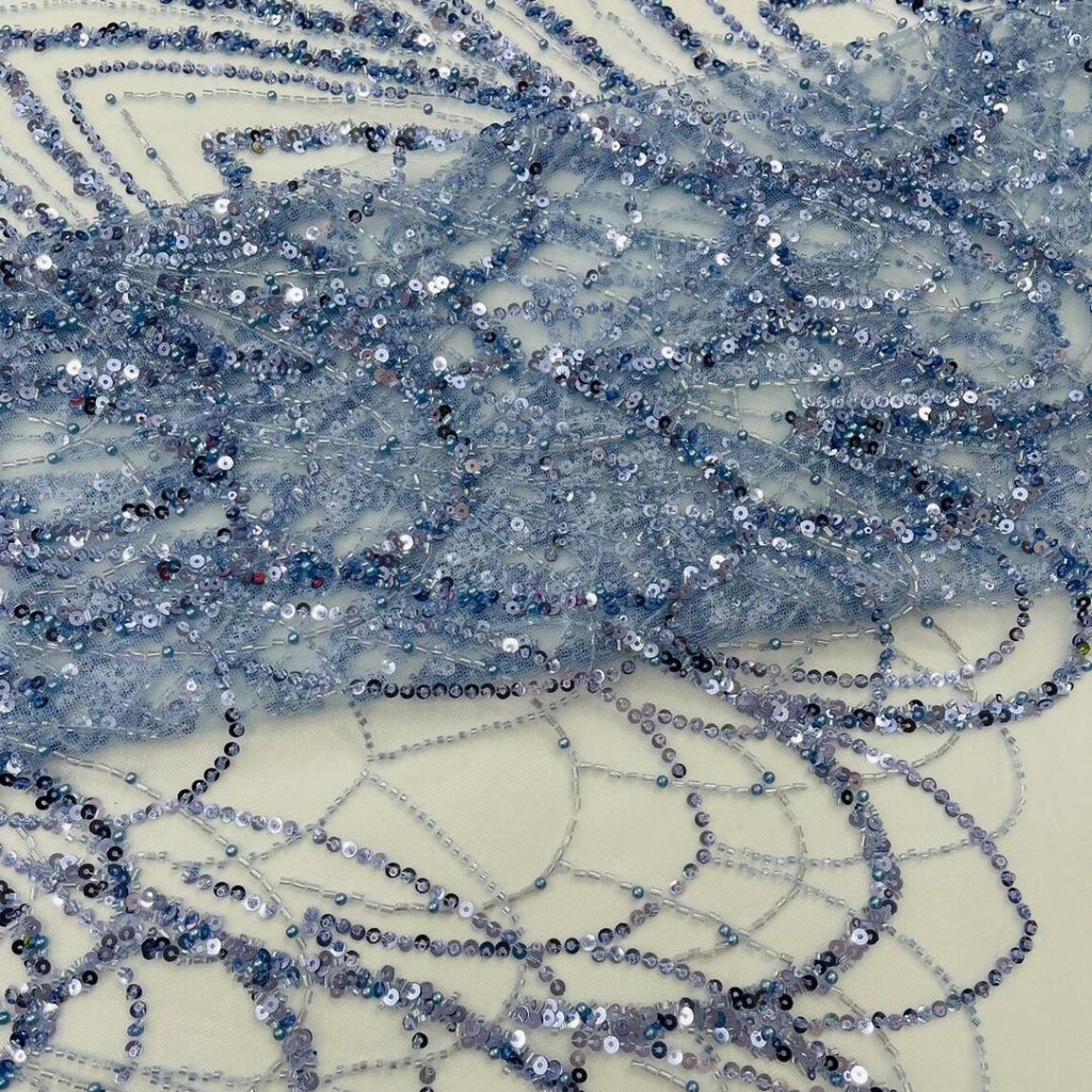 Luxurious Arch Design Lace - Lt Blue - Beaded Design with Embroidered Sequins and Beads On a Mesh Lace Fabric for Prom Dress By The Yard