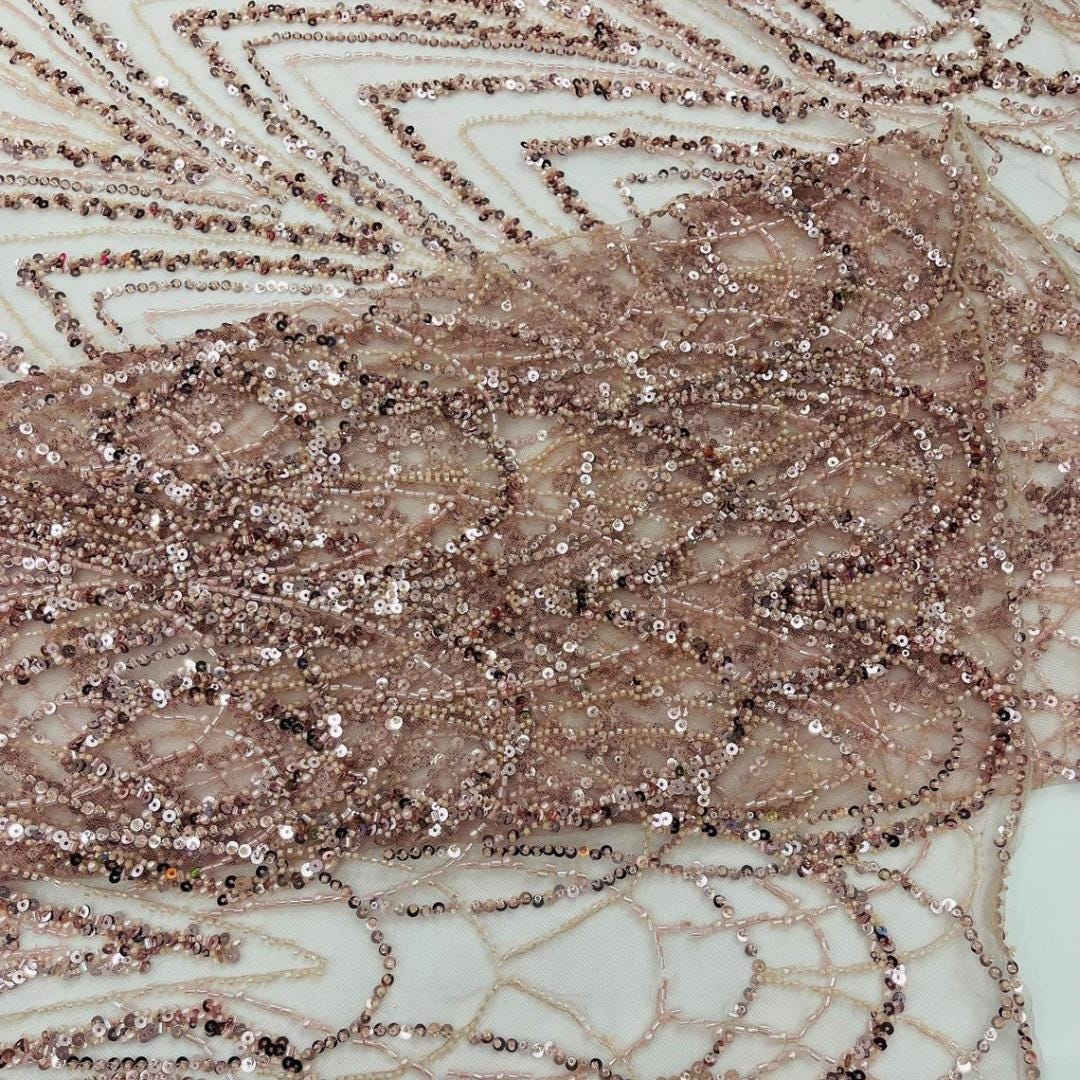 Luxurious Arch Design Lace - Blush - Beaded Design with Embroidered Sequins and Beads On a Mesh Lace Fabric for Prom Dress By The Yard