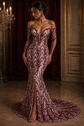 Luxurious Arch Design Lace - Burgundy - Beaded Design with Embroidered Sequins and Beads On a Mesh Lace Fabric for Prom Dress By The Yard