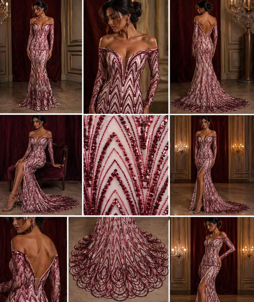 Luxurious Arch Design Lace - Burgundy - Beaded Design with Embroidered Sequins and Beads On a Mesh Lace Fabric for Prom Dress By The Yard