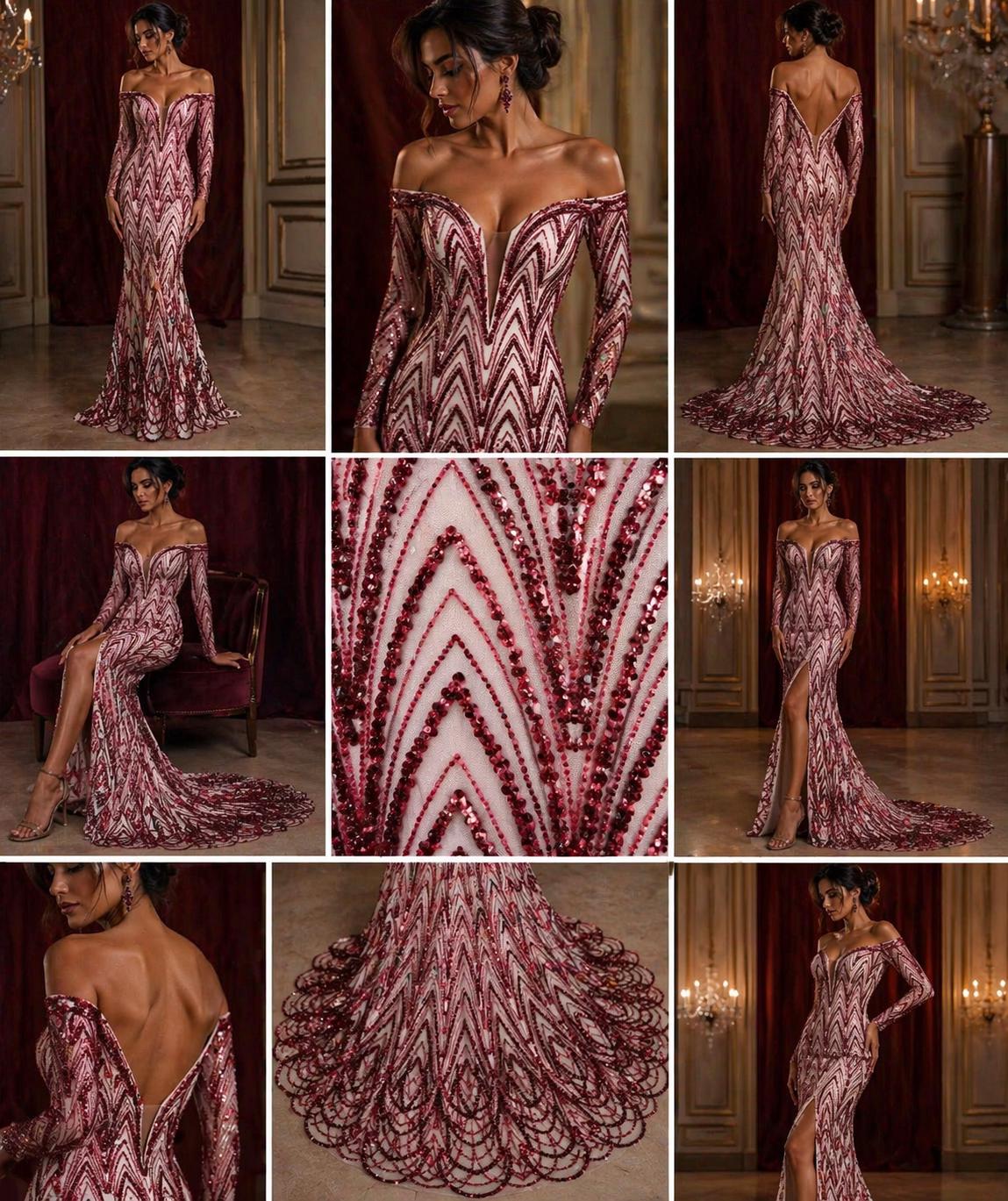 Luxurious Arch Design Lace - Burgundy - Beaded Design with Embroidered Sequins and Beads On a Mesh Lace Fabric for Prom Dress By The Yard