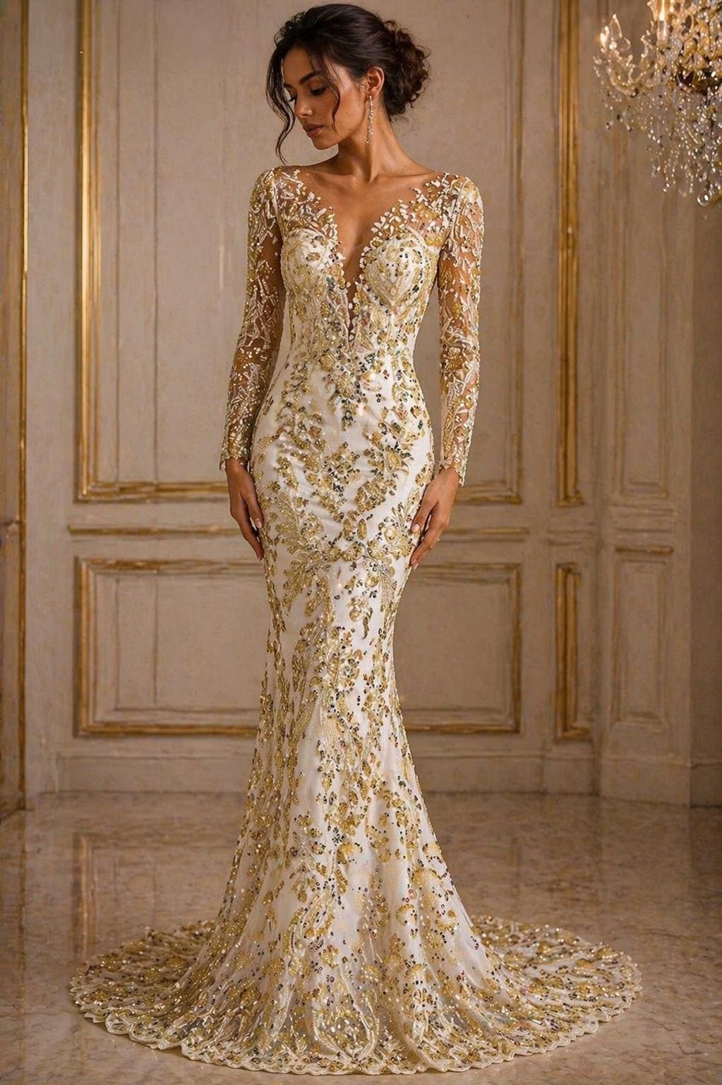 Luxembourg Designs Lace - Lt Gold - Beaded Design with Embroidered Sequins and Beads On a Mesh Lace Fabric for Prom Dress By The Yard