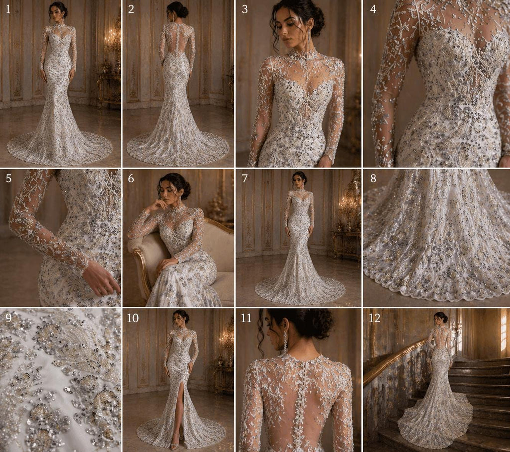 Luxembourg Designs Lace - Silver - Beaded Design with Embroidered Sequins and Beads On a Mesh Lace Fabric for Prom Dress By The Yard