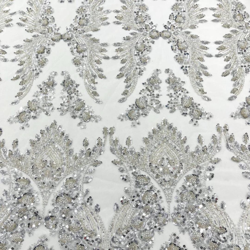 Luxembourg Designs Lace - Silver - Beaded Design with Embroidered Sequins and Beads On a Mesh Lace Fabric for Prom Dress By The Yard