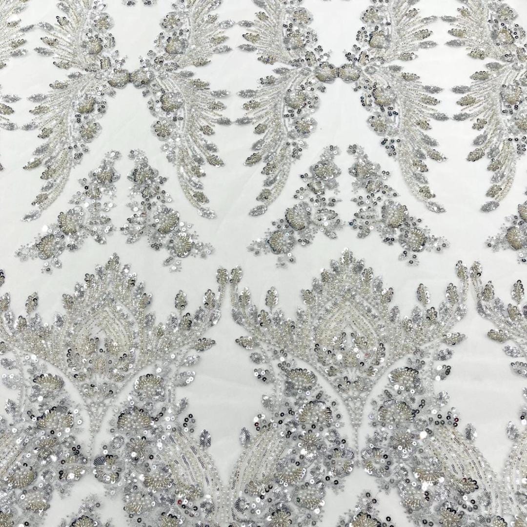 Luxembourg Designs Lace - Silver - Beaded Design with Embroidered Sequins and Beads On a Mesh Lace Fabric for Prom Dress By The Yard