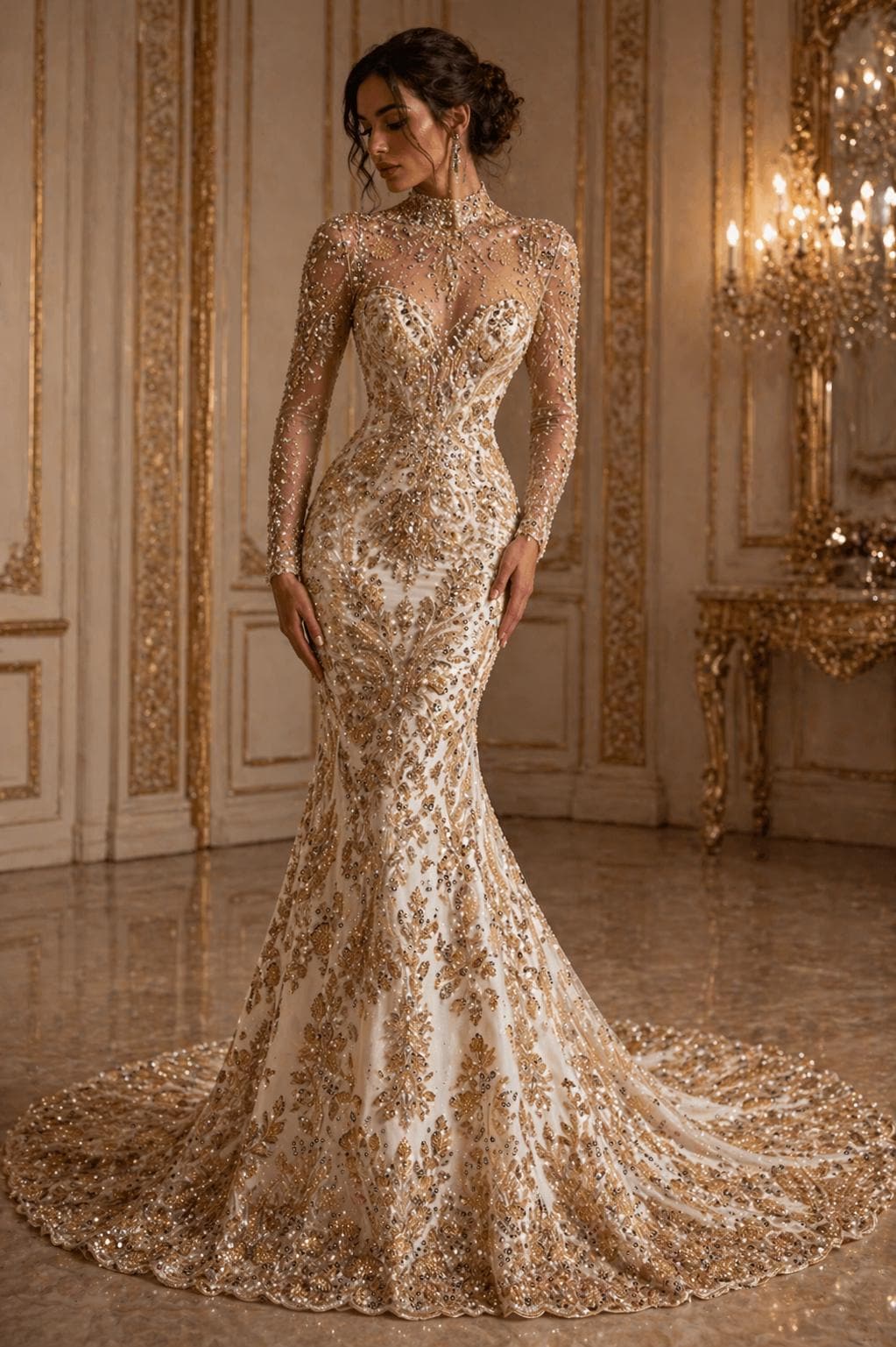 Luxembourg Designs Lace - Champagne - Beaded Design with Embroidered Sequins and Beads On a Mesh Lace Fabric for Prom Dress By The Yard
