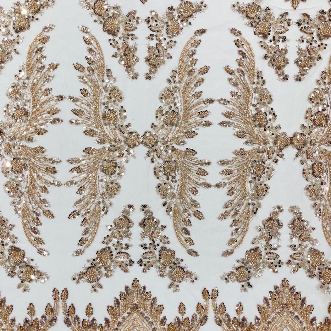 Luxembourg Designs Lace - Champagne - Beaded Design with Embroidered Sequins and Beads On a Mesh Lace Fabric for Prom Dress By The Yard
