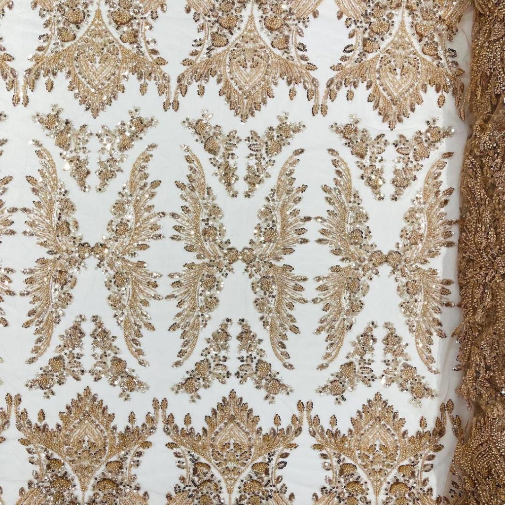 Luxembourg Designs Lace - Champagne - Beaded Design with Embroidered Sequins and Beads On a Mesh Lace Fabric for Prom Dress By The Yard