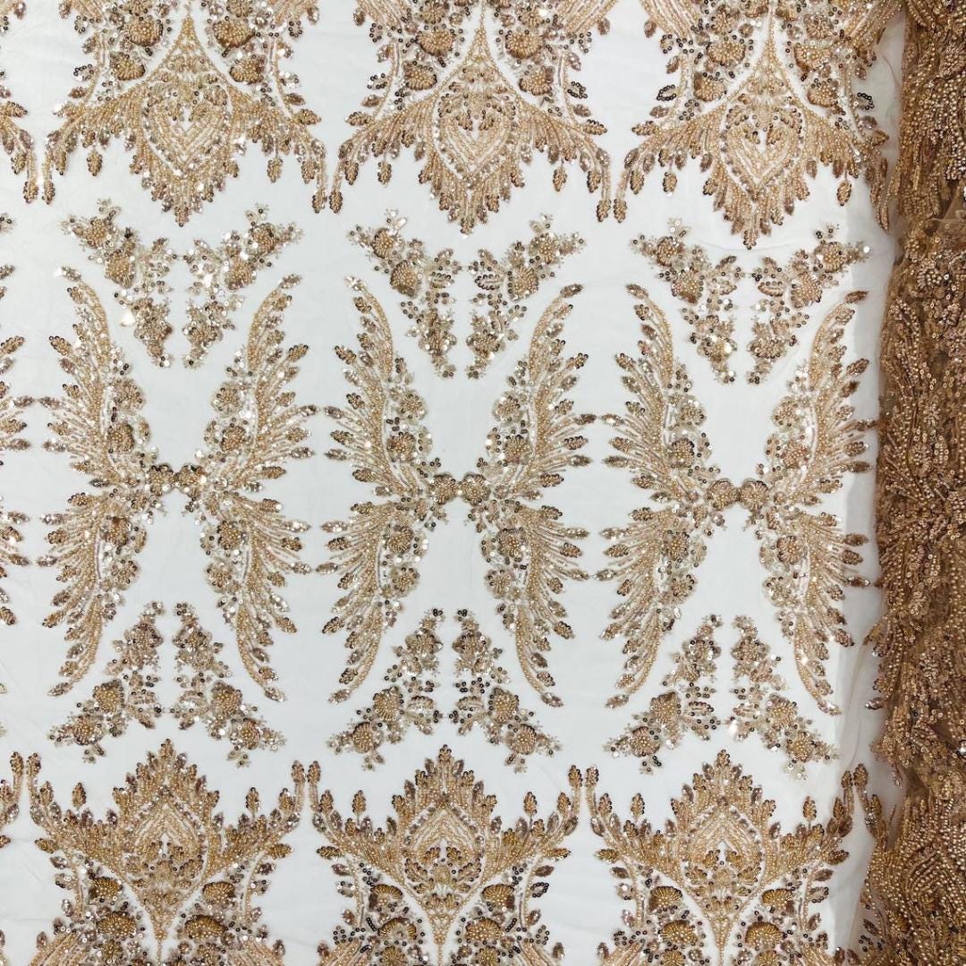 Luxembourg Designs Lace - Champagne - Beaded Design with Embroidered Sequins and Beads On a Mesh Lace Fabric for Prom Dress By The Yard