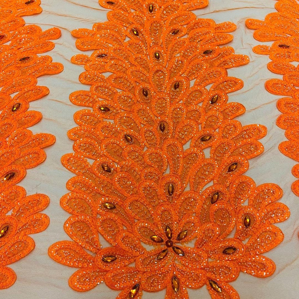 Luxurious Feather Designs Lace - Neon Orange - Beaded & Embroidered Sequins and Beads On Mesh Lace Fabric for Prom Dress. Sold By 3 Feathers