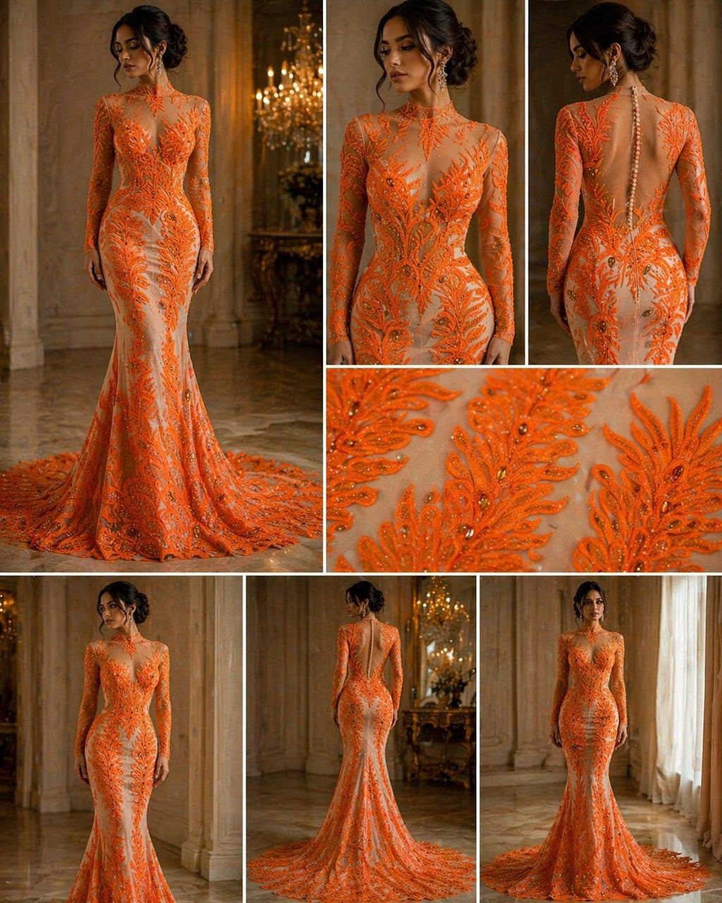 Luxurious Feather Designs Lace - Neon Orange - Beaded & Embroidered Sequins and Beads On Mesh Lace Fabric for Prom Dress. Sold By 3 Feathers