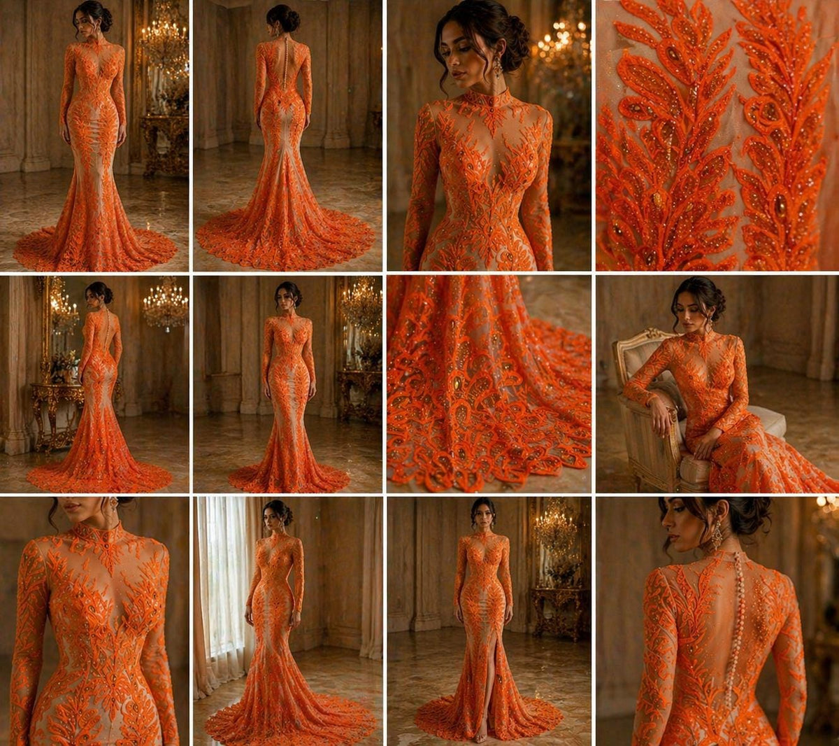 Luxurious Feather Designs Lace - Neon Orange - Beaded & Embroidered Sequins and Beads On Mesh Lace Fabric for Prom Dress. Sold By 3 Feathers