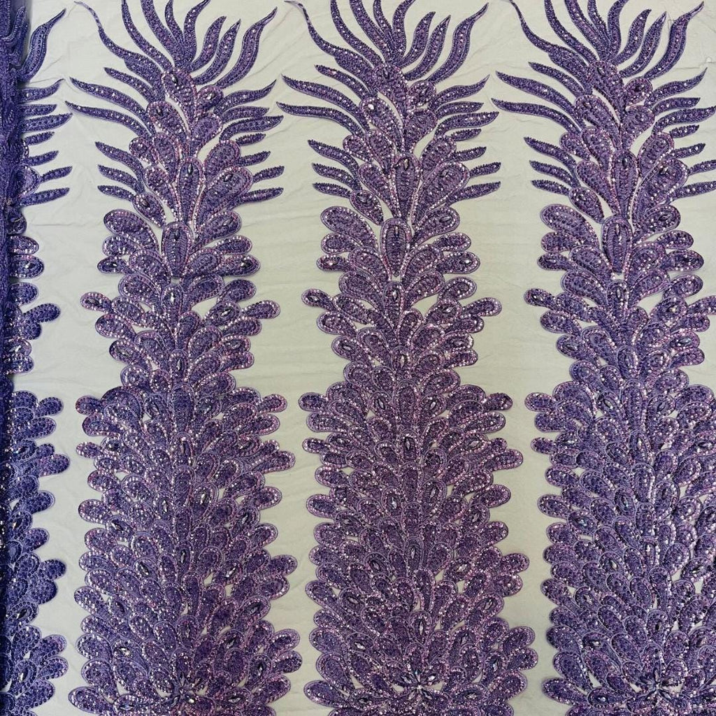Luxurious Feather Designs Lace - Lavender - Beaded & Embroidered Sequins and Beads On Mesh Lace Fabric for Prom Dress. Sold By 3 Feathers