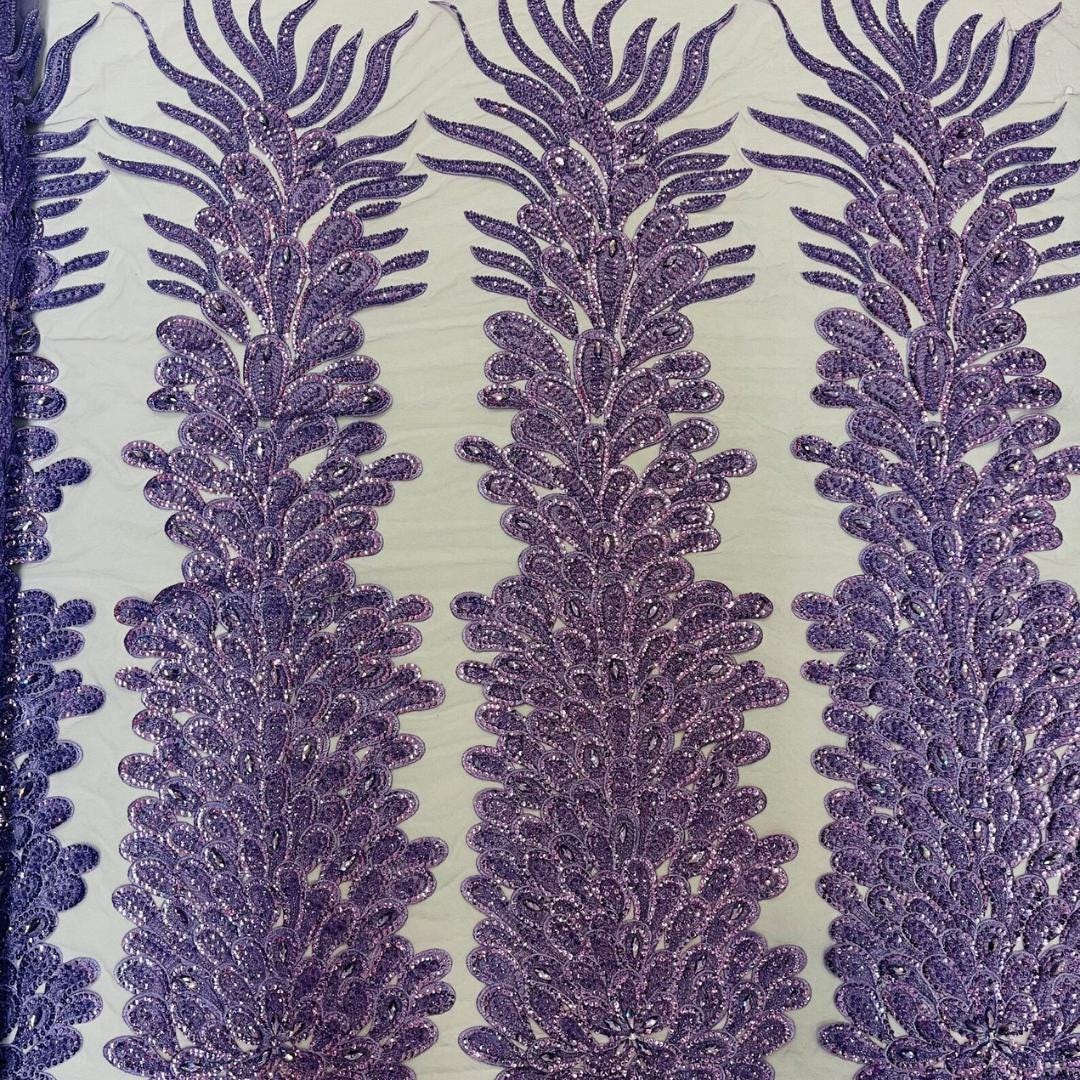 Luxurious Feather Designs Lace - Lavender - Beaded & Embroidered Sequins and Beads On Mesh Lace Fabric for Prom Dress. Sold By 3 Feathers