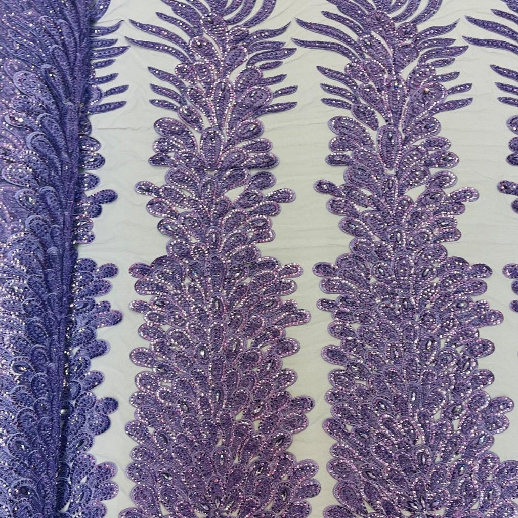 Luxurious Feather Designs Lace - Lavender - Beaded & Embroidered Sequins and Beads On Mesh Lace Fabric for Prom Dress. Sold By 3 Feathers