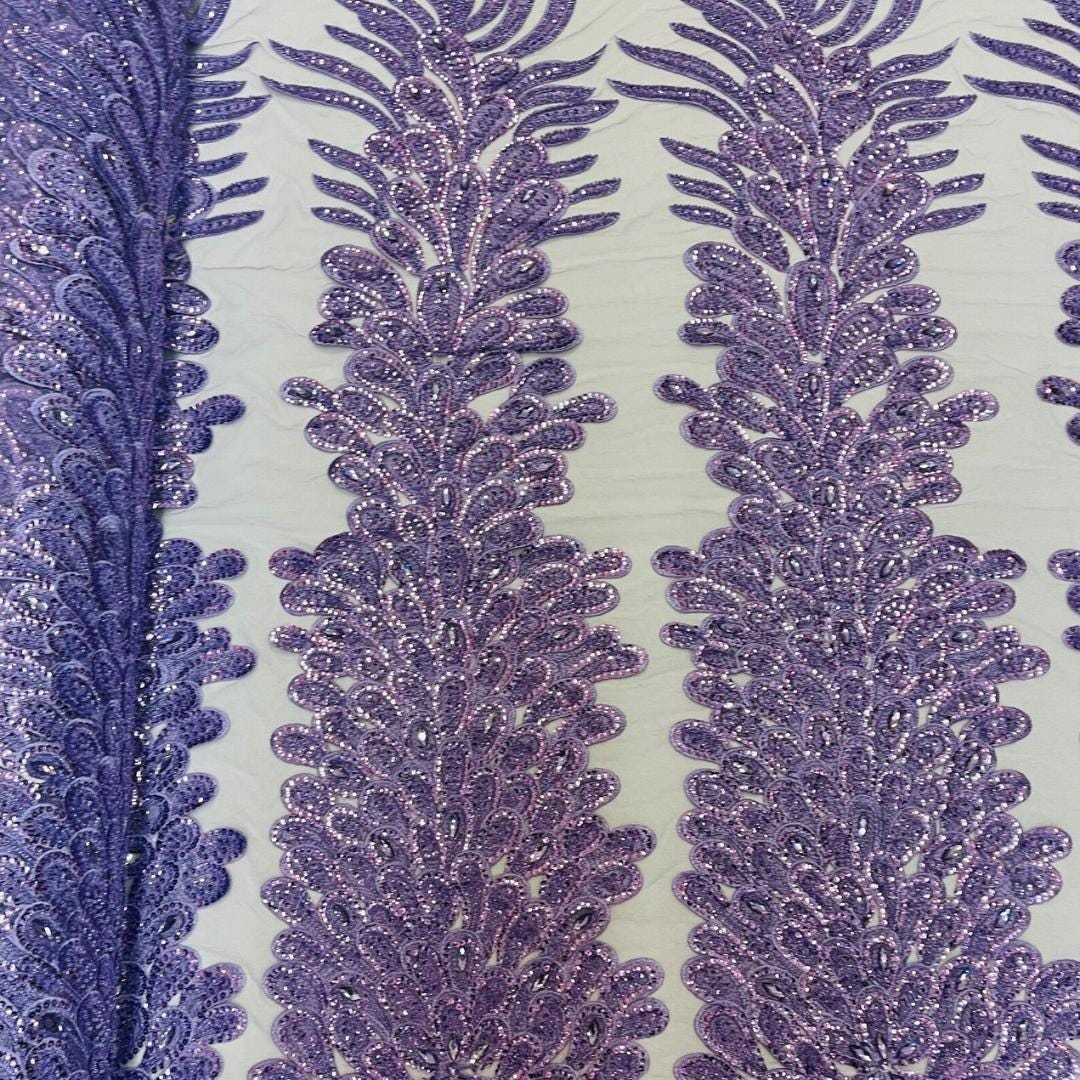 Luxurious Feather Designs Lace - Lavender - Beaded & Embroidered Sequins and Beads On Mesh Lace Fabric for Prom Dress. Sold By 3 Feathers
