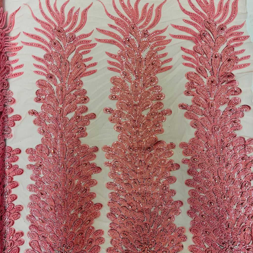 Luxurious Feather Designs Lace - DustyRose - Beaded & Embroidered Sequins and Beads On Mesh Lace Fabric for Prom Dress. Sold By 3 Feathers