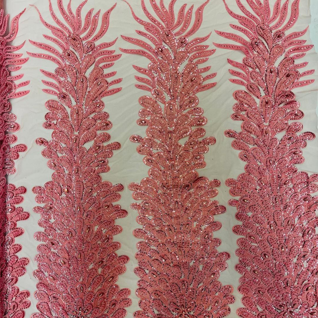 Luxurious Feather Designs Lace - DustyRose - Beaded & Embroidered Sequins and Beads On Mesh Lace Fabric for Prom Dress. Sold By 3 Feathers