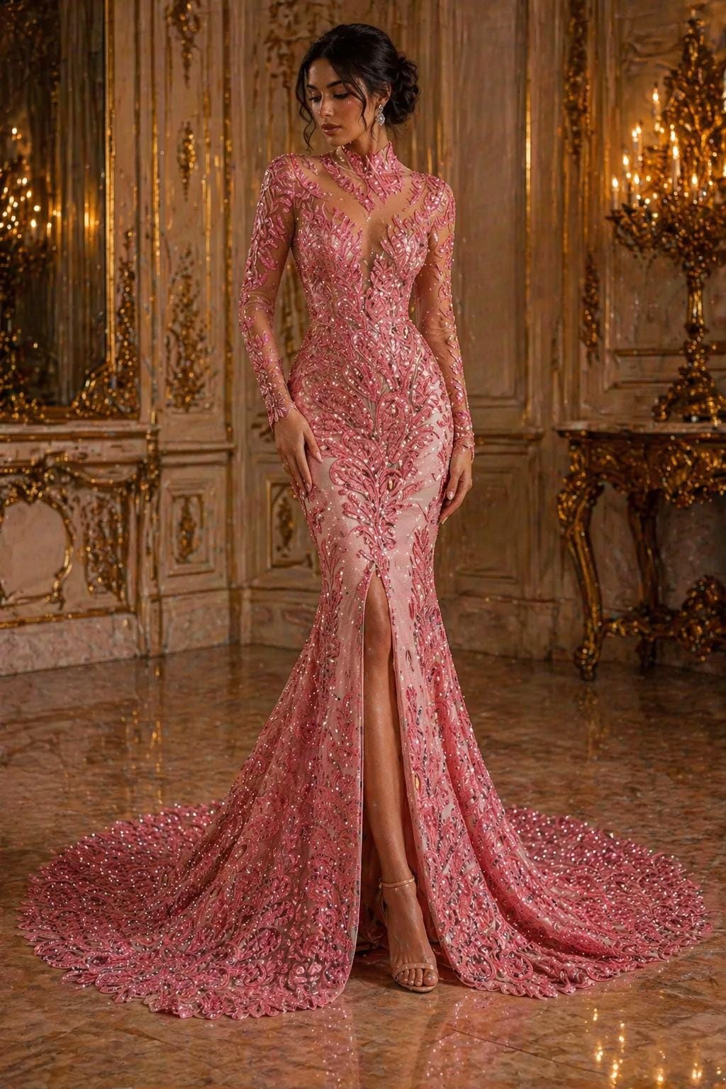 Luxurious Feather Designs Lace - DustyRose - Beaded & Embroidered Sequins and Beads On Mesh Lace Fabric for Prom Dress. Sold By 3 Feathers