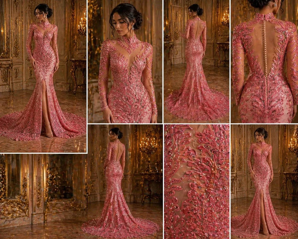 Luxurious Feather Designs Lace - DustyRose - Beaded & Embroidered Sequins and Beads On Mesh Lace Fabric for Prom Dress. Sold By 3 Feathers