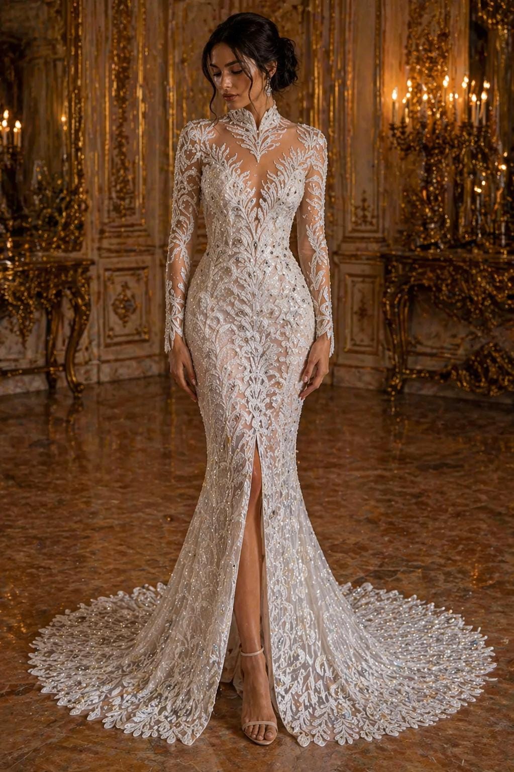 Luxurious Feather Designs Lace - White - Beaded & Embroidered Sequins and Beads On Mesh Lace Fabric for Prom Dress. Sold By 3 Feathers