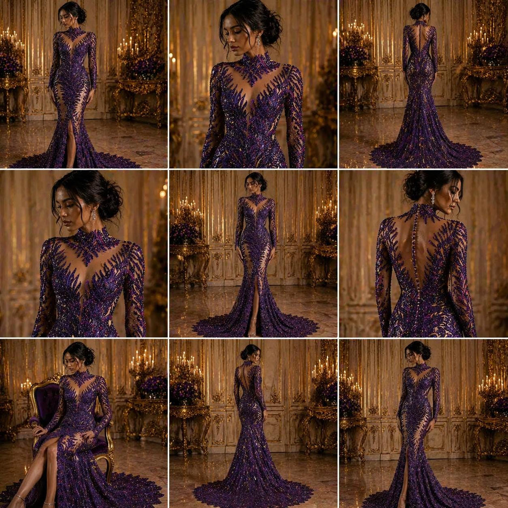 Luxurious Feather Designs Lace - Purple - Beaded & Embroidered Sequins and Beads On Mesh Lace Fabric for Prom Dress. Sold By 3 Feathers