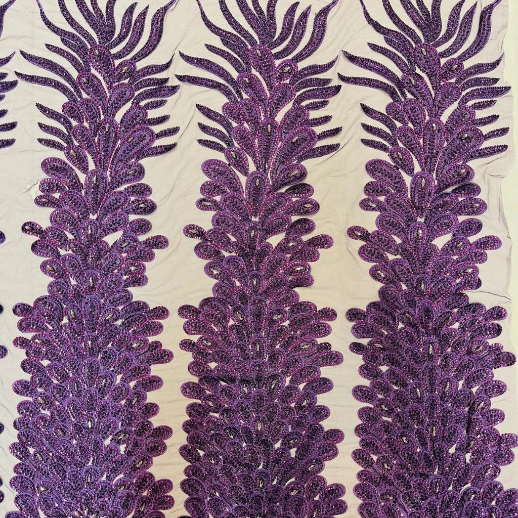 Luxurious Feather Designs Lace - Purple - Beaded & Embroidered Sequins and Beads On Mesh Lace Fabric for Prom Dress. Sold By 3 Feathers