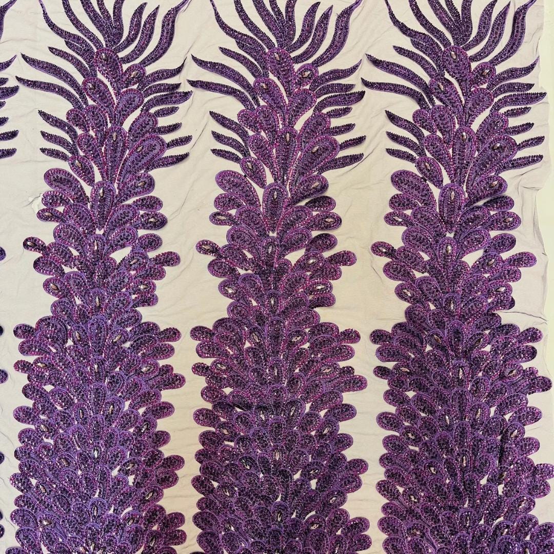 Luxurious Feather Designs Lace - Purple - Beaded & Embroidered Sequins and Beads On Mesh Lace Fabric for Prom Dress. Sold By 3 Feathers