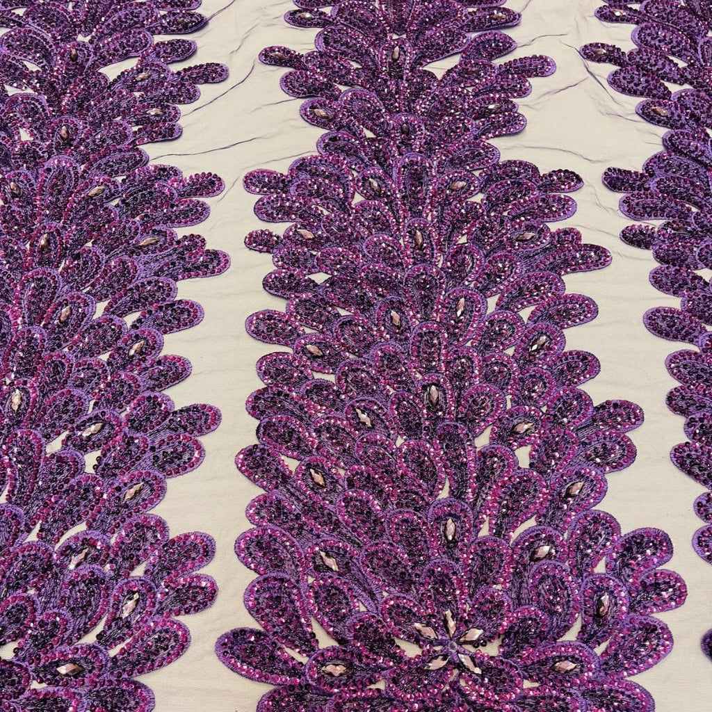 Luxurious Feather Designs Lace - Purple - Beaded & Embroidered Sequins and Beads On Mesh Lace Fabric for Prom Dress. Sold By 3 Feathers