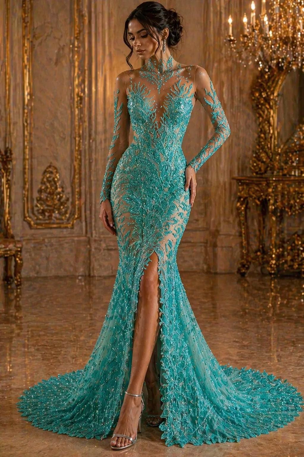 Luxurious Feather Designs Lace - AquaMint - Beaded & Embroidered Sequins and Beads On Mesh Lace Fabric for Prom Dress. Sold By 3 Feathers