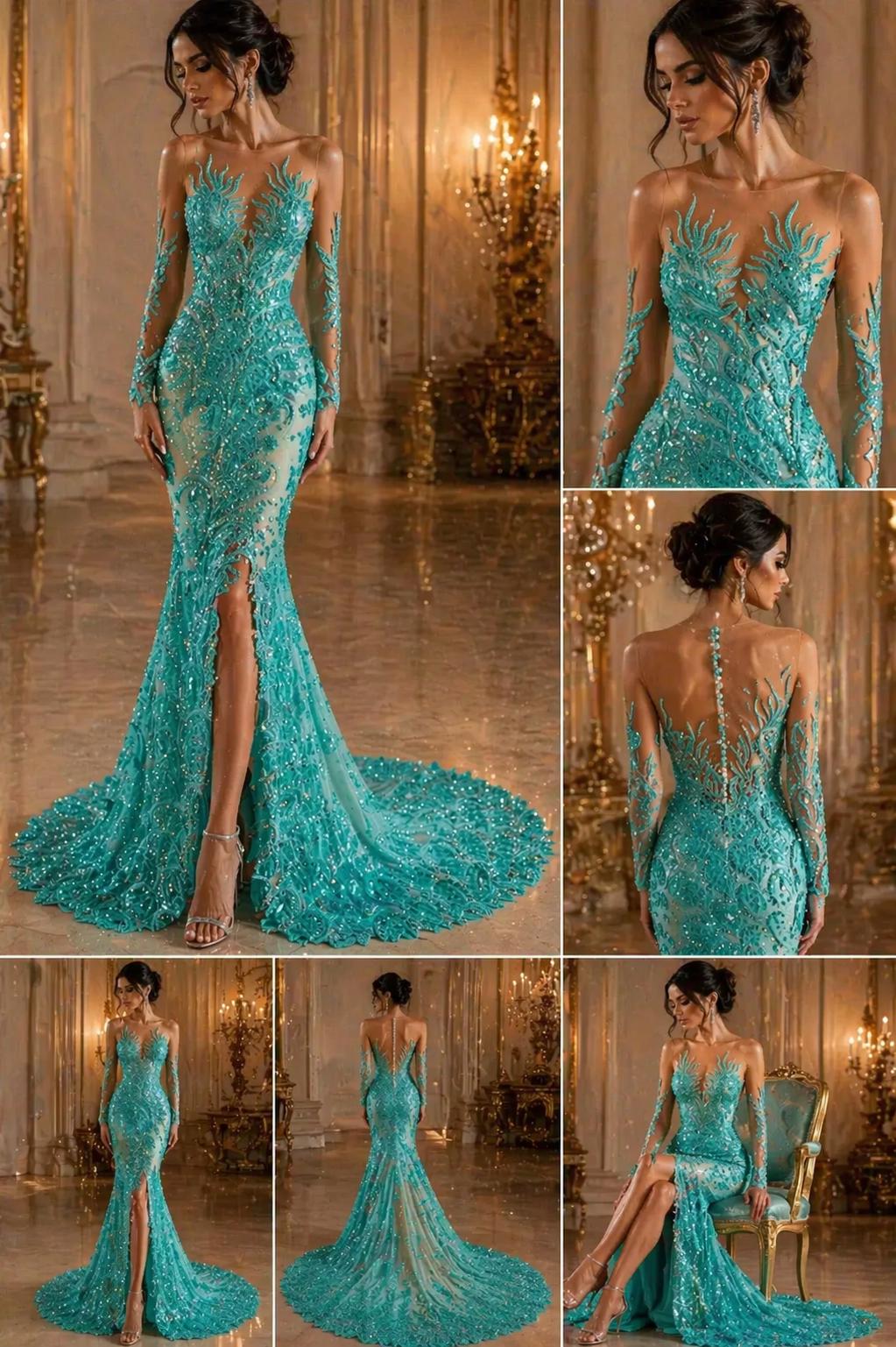 Luxurious Feather Designs Lace - AquaMint - Beaded & Embroidered Sequins and Beads On Mesh Lace Fabric for Prom Dress. Sold By 3 Feathers