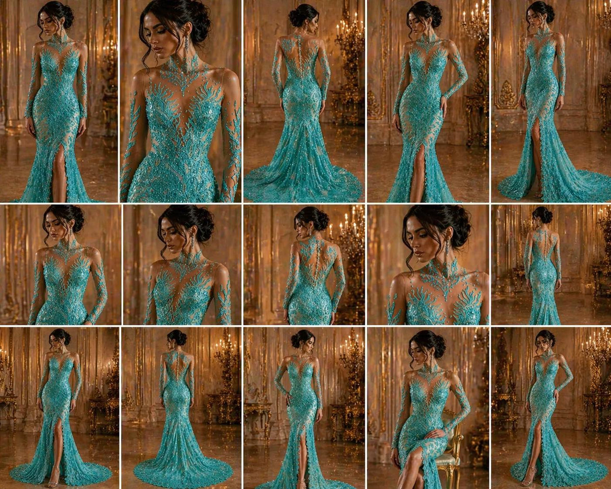 Luxurious Feather Designs Lace - AquaMint - Beaded & Embroidered Sequins and Beads On Mesh Lace Fabric for Prom Dress. Sold By 3 Feathers