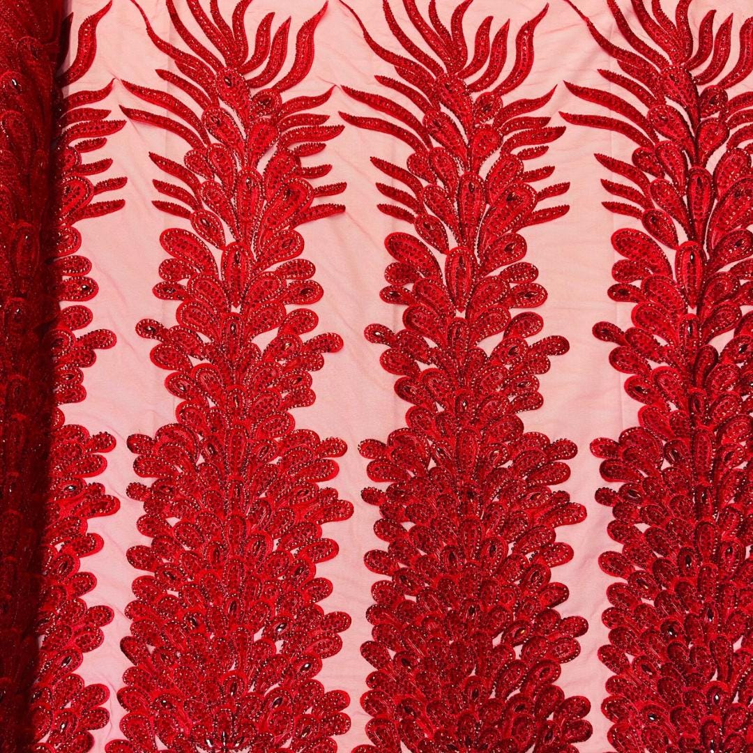 Luxurious Feather Designs Lace - Red - Beaded & Embroidered Sequins and Beads On Mesh Lace Fabric for Prom Dress. Sold By 3 Feathers